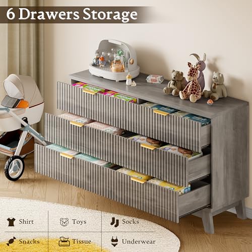Image of BORNOON Fluted 6 Drawer Dresser, 47.2 inch Wide Modern Boho Chest of Drawers, Wooden Storage Dresser TV Stand for Bedroom, Living Room, Closet, Hallway, Curved Profile Design