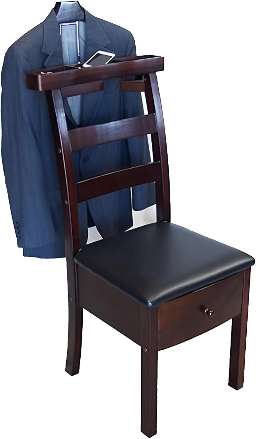 Wooden Suit Valet Stand with Drawer Suit Valet Stands for Men Freestanding Clothes Valet Stand with Trouser Bar and Tie Bar