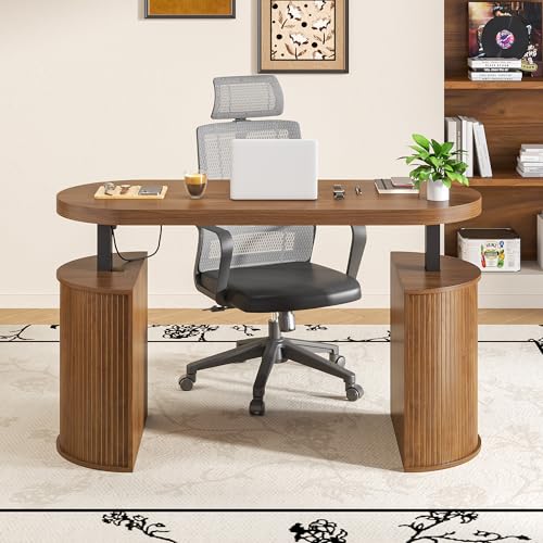 Image of Mid Century Modern Electric Standing Desk with Storage, 55 x 22 Inch Small Sit Stand Up Desk, Wood Adjustable Height Computer Executive Desk for Home Office, Laptop, Walnut