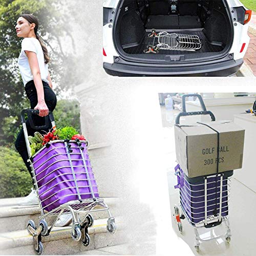 KOFULL Grocery Laundry Utility Foldable Shopping Cart, Aluminum Alloy 3-Wheel Stair Climbing with Cover (Can sit) Body Weight 220 Ib Free Hook Luggage Rope Storage Bag-177 Ib Capacity(Purple)