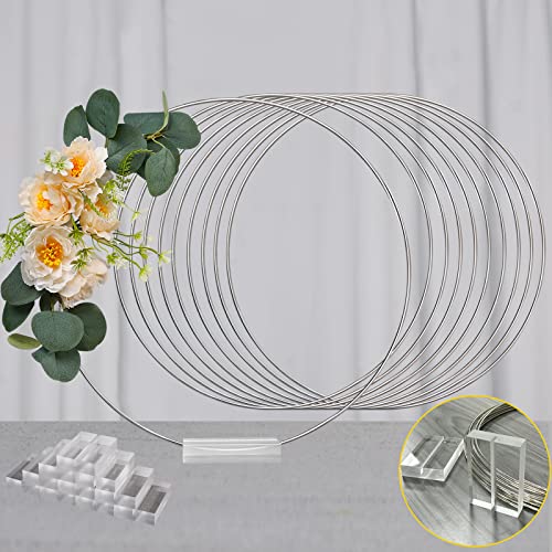 YALLOVE 10 PCS 12 Inch Floral Hoop Table Centerpiece, Silver Metal Wreath Ring Stand with Crystal Clear Acrylic Base for Balloon and Flower Decoration, Flower NOT Included