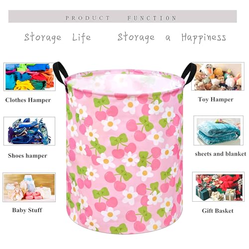 Image of Kids Laundry Hamper Clothes Gift Basket Storage Laundry Baskets Organizer Bin with Handles for Nursery Room (Pink Cherry)