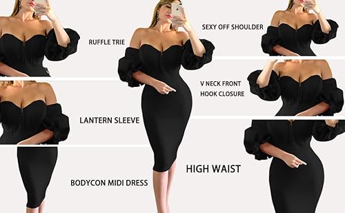 Memoriesea Women's Sexy Off Shoulder Bodycon Lantern Sleeve Front Hook Midi Party Dress Black #TOP6