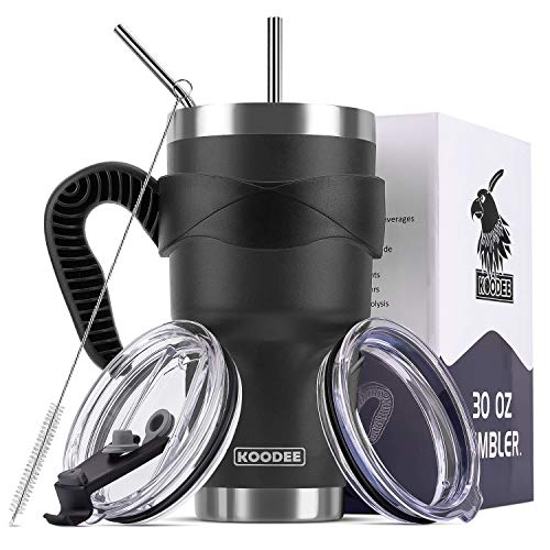 Koodee 30 oz Tumbler Vacuum Insulated Coffee Cup Double Wall Travel Mug with Sip Lid and Straw Lip 2 Straws Straw Brush Handle 30 oz Matte Black