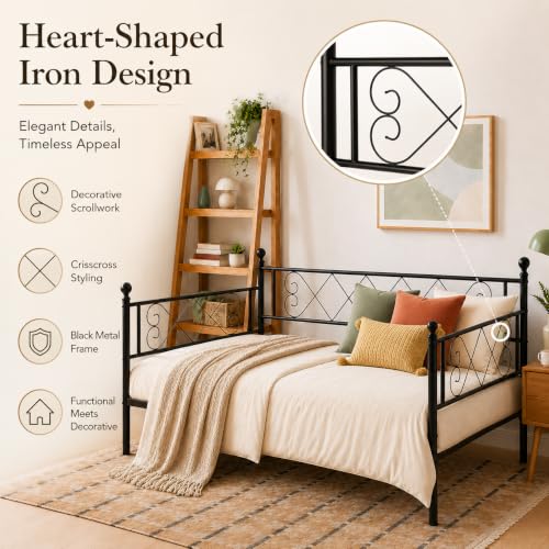 Image of Garvee Daybed with Pull Out Trundle, Metal Sofa Bed Frame with Heart Headboard, Steel Slat Support, No Box Spring Needed, Guest Bed for Bedroom, Living Room