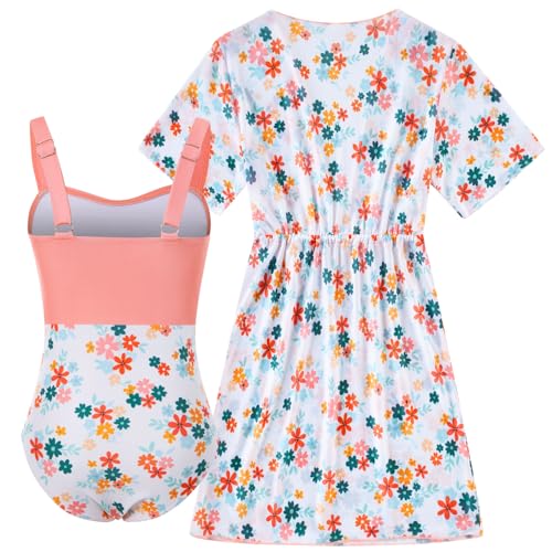 Image of Funnycokid Girls Bathing Suits One Piece Swimsuit with Cover Up Kids Swim Suit Size 8-16
