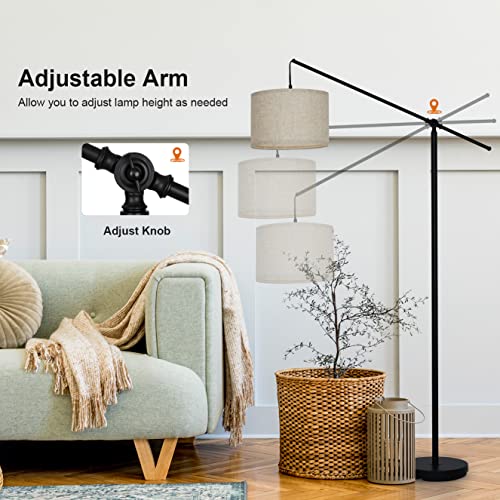 Suraielec Arc Floor Lamp, Overhang Cantilever Standing Floor Lamp For Couch, Sofa, Reading, Living Room, Bedroom, Adjustable Balance Arm, Natural Linen Drum Shade, Matt Black Metal Pole, Foot Switch #TOP2