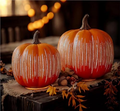 Starry Night Pumpkin Luminous LED Pumpkin Sparkling Starry Glass Pumpkin Autumn Halloween Home Bedroom Bathroom Corridor Lighting Decoration(2PCS-Orange L+Orange S)