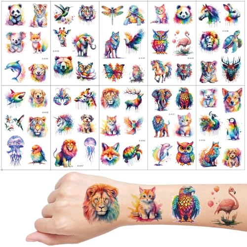 Animals Temporary Tattoos 10 Sheets Watercolour Animal for Girls Boys Body Arm Shoulder Kids Tattoos Party Bag Birthday Party Small Gift