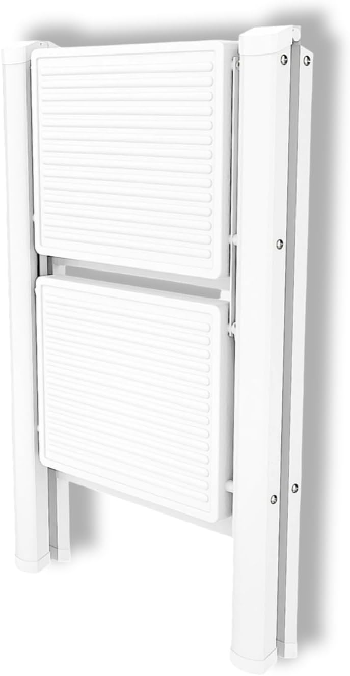 ISOP 2 Step Folding Ladder Aluminum | White Standing Ladders Foldable - Two Step Ladder | Anti-Slip Steps | 2-rungs Durable, Lightweight & Compact | Step Ladders for Household, Garage or Office