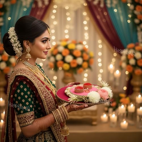 Image of Divyakosh Handcrafted Engagement Ring Platter Tray Holder with Artificial Flowers - 1 Pc | Round Engagement Thali for Wedding, Shaadi, Roka, Sagai, Bride & Groom | Ring Holder Tray (Red, 26 cm)
