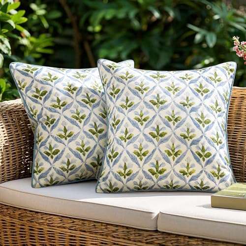 Image of MIULEE Floral Decorative Pillow Covers Set of 2,block print Throw Pillowcases Outdoor Boho Farmhouse Vintage Coastal Summer Accent Cushion Covers for Couch paito Garden Sofa Bed 16x16 Inch, Blue-Green