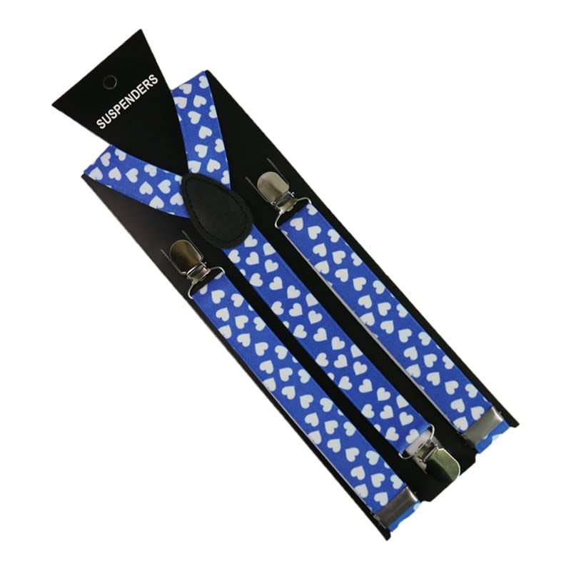 Men/Women Blue ʜеаrt Print Suspenders 3 Clip Pants Y-Back Clip-on Adjustable Elastic Braces Suspenders Clothing Accessories