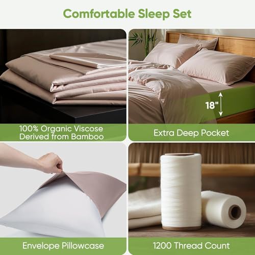 Image of TWK Luxury Sheet Set, Genuine 100% Organic Viscose Derived from Bamboo, Cooling & Breathable, Silky Soft, Bedding Sheets & Pillowcases (Sand, King)