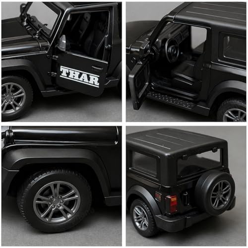 Image of Mahindra Thar 4x4 Toy Car 1:32 Die Cast Metal SUV Model - Pull Back Action Vehicle with Opening Doors, Rubber Tyres & Detailed Interior (Black /Random Colour)