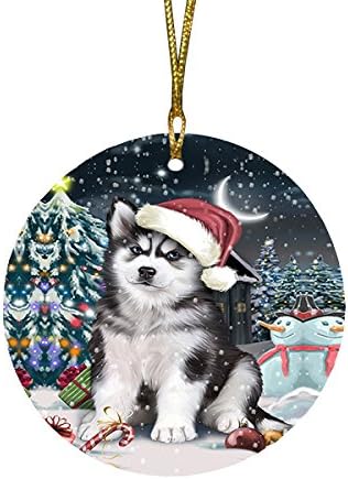 Have a Holly Jolly Husky Dog Round Flat Ornament - Pet Decorative Hanging Ornaments for Christmas X-mas Tree Decorations - 2.75" Round Ceramic Christmas Ornament POR1299
