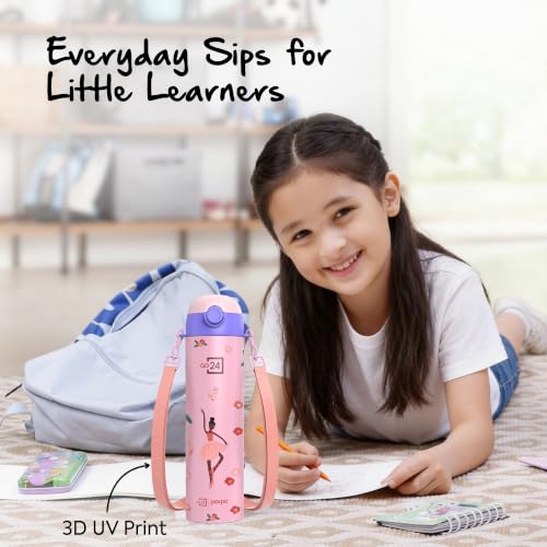 Image of Go24 pexpo Sporty ISI Certified Stainless Steel Water Bottle For School Kids - 700ml | 6+ Years | Sipper Cap | Leakproof & BPA Free | Picnic, Travel, Sport - Pink Dancing Girl UV Print