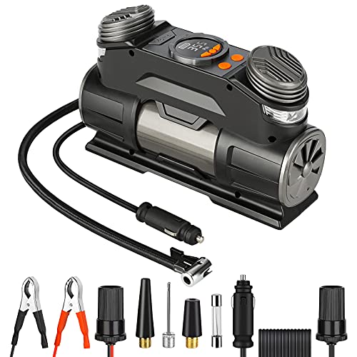 Yome Dual Cylinder Tire Inflator, Portable Air Compressor with Digital Gauge, 12V Tire Pump with Auto Pump and Shut Off for Vehicle and Bike Tires, Pool Toys, and Sports Equipment