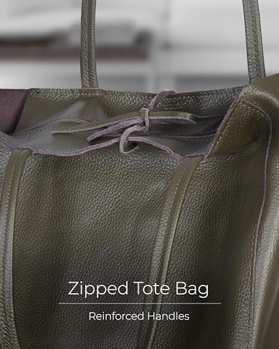 Image of Genuine Italian Leather Tote Bag for Women, Large Slouchy Purse, Olive | Unstructured bag, raw unlined interior with zip pocket, top zipper, side ties, folds flat, fits a 16-inch laptop, lightweight