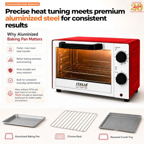 Image of ITALIA 9L Oven Toaster Griller (OTG) - 1000W Electric Oven for Baking, Toasting & Grilling | Top & Bottom Heating, 90C-230C Temp Control, 30-Min Timer with Stay-On, Fits 9-Inch Pizza | Signature Red