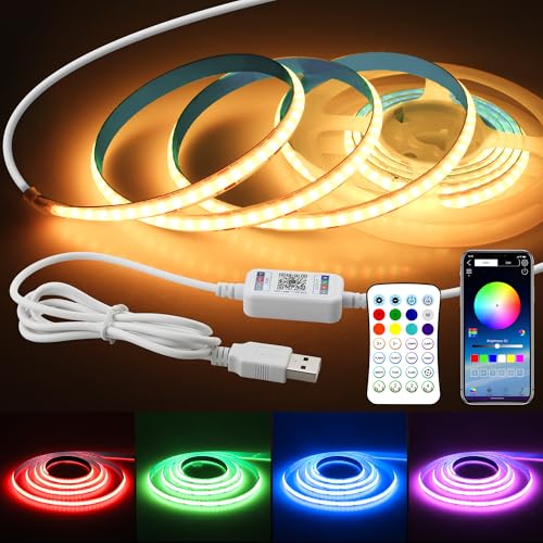 Image of 5V USB COB RGB LED Light Strip With Remote 576LED /M 4.92FT Rope Lights 1.5M