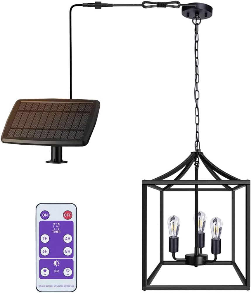 Solar Chandelier Outdoor Gazebo Lights Waterproof Pendant Hanging Light for Pergola Home Decor Heavy Duty Metal Lampshade Farmhouse Shed Solar Powered Accessories Dimmable Remote Control