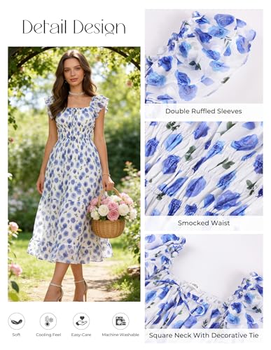 Image of GRACE KARIN 2026 Women's Spring Floral Midi Dress Square Neck Beach Wedding Guest Dresses Flowy A Line Casual Summer Clothes