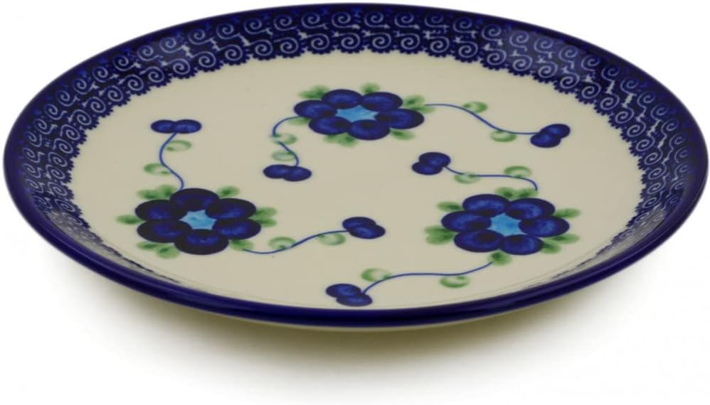 Polmedia Polish Pottery Dessert Plate - Blue Poppies Pattern Handmade in Boleslawiec Poland by Ceramika Bona + Certificate of Authenticity