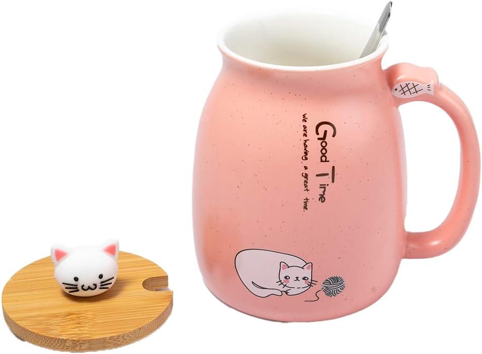 Kawaii Cat Mug 450 ml Pink with Lid and Spoon