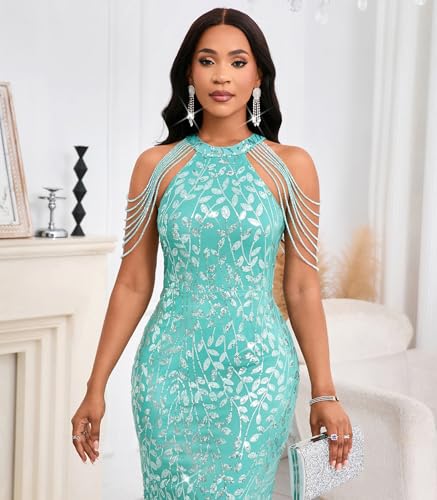 Image of Cololura Women Sexy Elegant Sequin Tassel Off Shoulder Halter Bodycon Maxi Dress Party Evening Gown Formal Dress