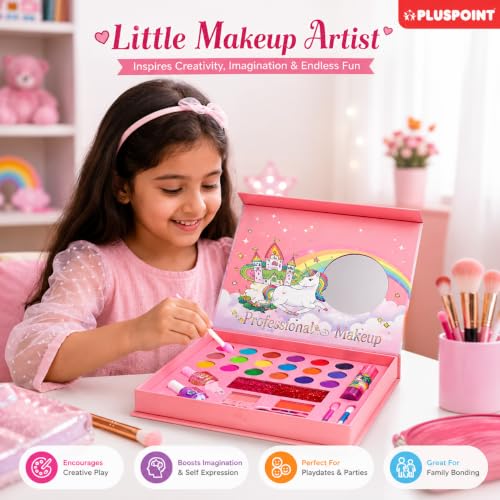 Image of PLUSPOINT Unicorn Kids Makeup Kit for Girls | Pretend Play Beauty Set | Non-Toxic Washable Makeup Toy | Eyeshadow, Blush, Lip Gloss & Accessories | Birthday Gift for Girls Age 5+ Years