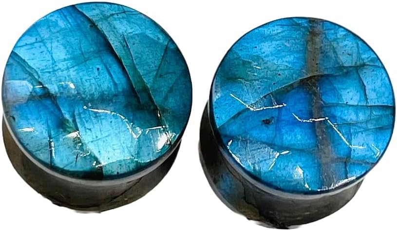 Pair of Genuine Sky Blue Flash Labradorite Gemstone Handcrafted Double Flare Round Shape Haxegon Cut Faceted Plug Tunnel Size 8g (3mm) to 1" (25mm) Customized Wholesale Available
