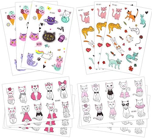 Temporary Tattoos for Girls Kids Women(180pcs), Konsait Cute Kitty Cat Tattoos Waterproof Body Art Sticker Great Birthday Party Favors Kids Party Accessories Goodie Bag Stuffers Party Fillers Gift