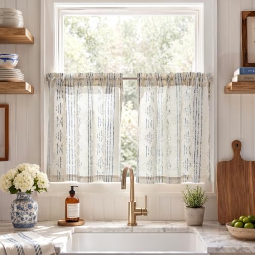 JINCHAN jinchan Linen Striped Tier Curtains for Kitchen Windows Blue Beige 26 x 24