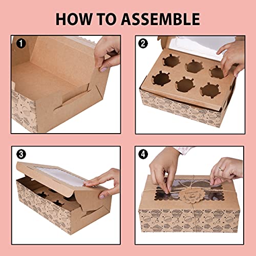 Image of mudrit Paper Cupcake Boxes With Insert Trays (Pack Of 20), Brown Cupcake Carrier, Food Grade Kraft Bakery Boxes With Windows & Inserts To Fit 6 Cupcakes Muffins Or Pastries, 470 Ml