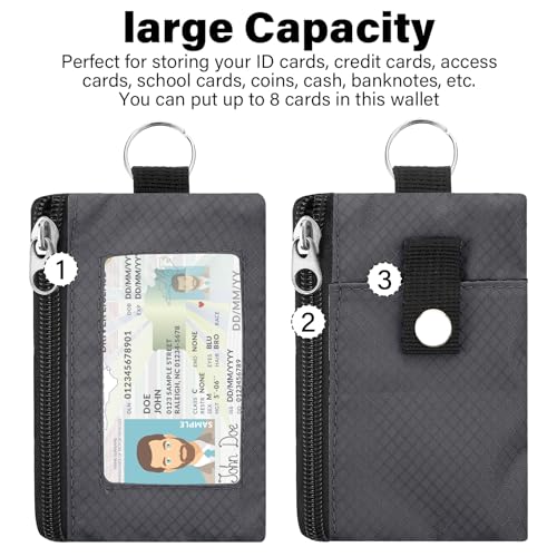 Image of Minimalist RFID Wallet with Lanyard, Multi-Functional ID Case with 2 Zipper Pockets and Key Chain for Men and Women, Tactical Badge Pouch Cards Holder, Coin Purse for Travel Sports-Gray