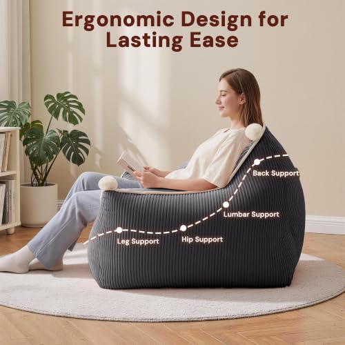 Korser Bean Bag Chair for Adults and Teens, Small Bean Bag Couch Cozy with Foam Filler, Corduroy Comfy Beanbag Chair with Back Support, Lounge Floor Sofa for Living Room, Reading, Bedroom, Grey - image 4