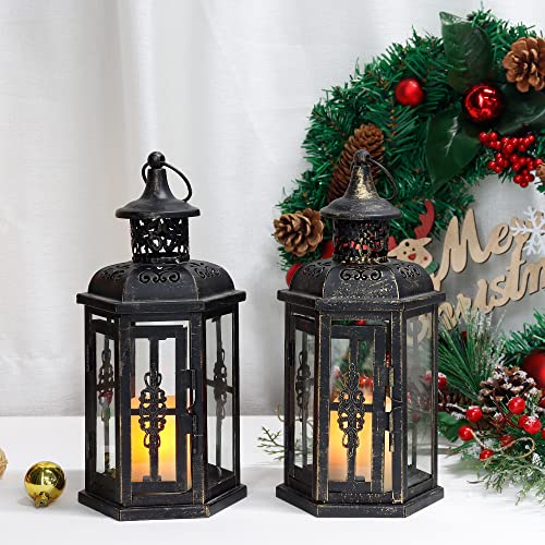 JHY DESIGN Faroles Decorativos Colgantes de Vela, 25 cm de Altura, Set de 2 candelabros de Metal Vintage para Colgar, faroles de Vela para Bodas, jardín, salón, Paredes (Blanco con Pincel Dorado)