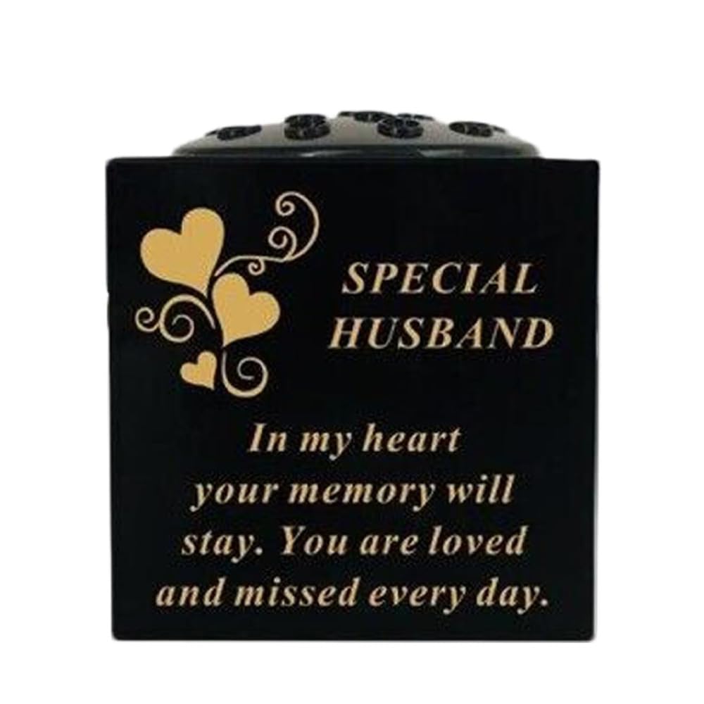 Graveside Memorial Black & Gold Bowl – Weatherproof Grave Flower Container with Removable Lid – Elegant Cemetery Tribute Vase-Remembrance Ornament, Sympathy Gift for Loved One with Hearts - Husband