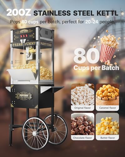 Image of 20 oz Commercial Popcorn Machine Cart, Upgraded Popcorn Maker Machine with Stainless-Steel Kettle Makes Up to 80 Cups, Movie Theater Pop Corn Machine with 3-Switch Control, Black