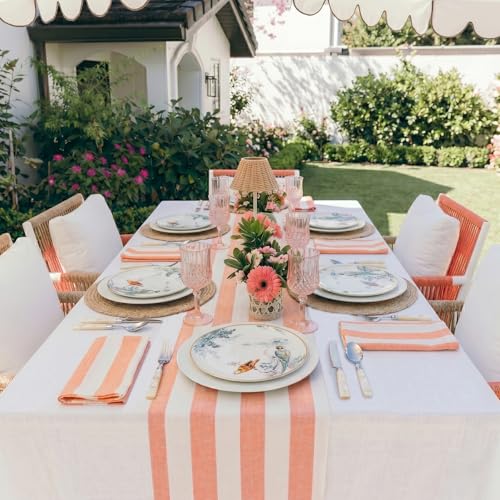 Solino Home Linen Table Runner 90 Inches Long - Cabana Stripe, 100% Pure Linen Salmon and White Farmhouse Table Runner 14 x 90 Inch for Dining, Spring, Summer by Solino Home - Image 2