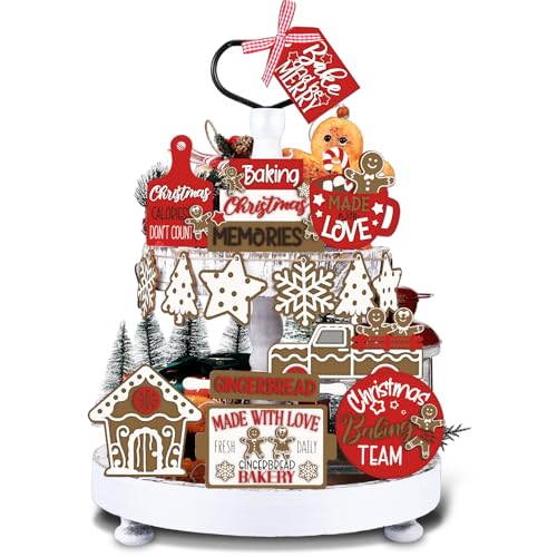 Funnymoom 17 Pcs Christmas Tiered Tray Decor Set Gingerbread Man Christmas Tiered Tray Decoration Farmhouse Gingerbread House Wooden Sign Winter Home Decoration for Home Shelf Table Rustic Centerpiece