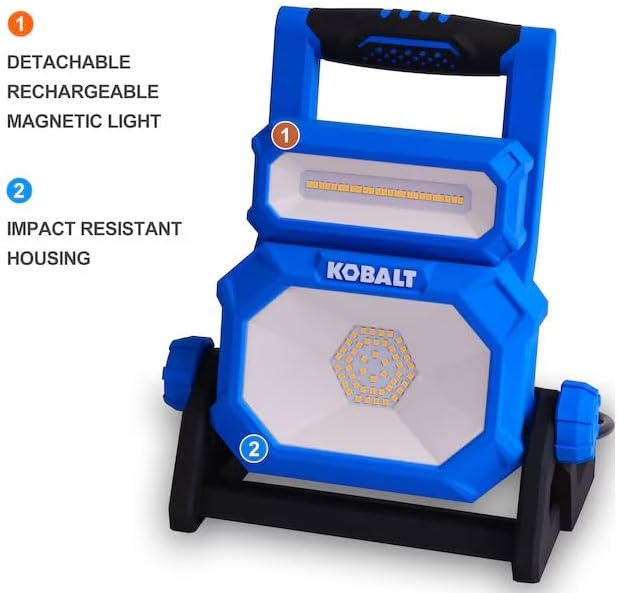 Front view of Kobalt work light highlighting detachable light and impact resistant housing