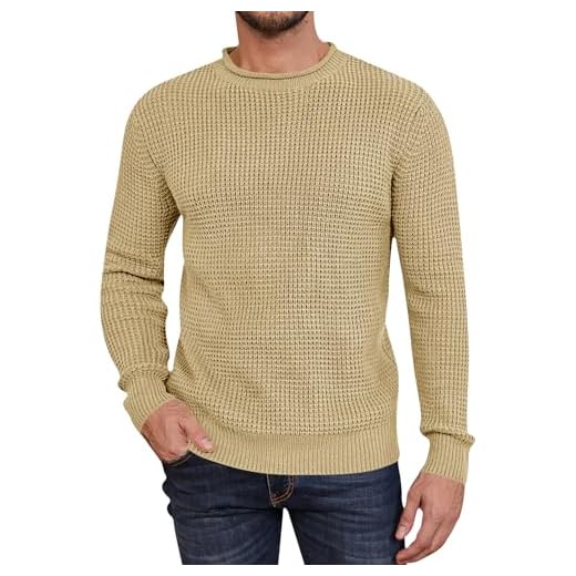Mens Long Sleeve Cable Knit Sweater Pullover Fisherman Tops Crewneck Sweater Regular Fit Beige