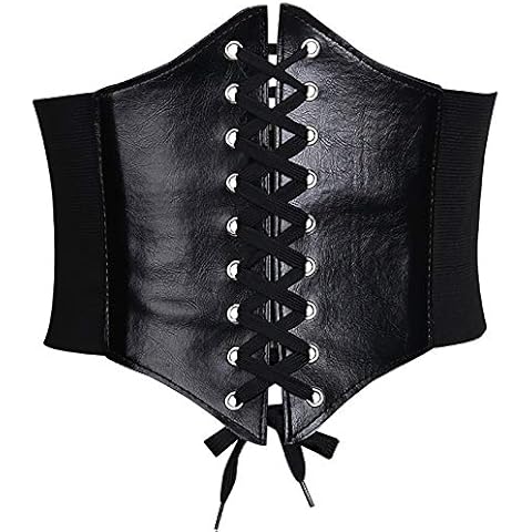Glamorstar Corset Belt for Women Wide Elastic Tied Waspie Belts Lace-up Leather Waist Belts for Women Dresses, Black, S: Fit Waist 25"-27" Cover