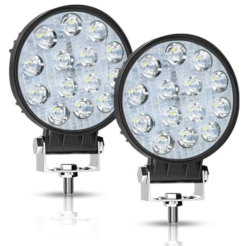 LikeSafe LED Work Light 4Inch 42W 12V 24V Round Flood Off Road Lights Led Pods Driving Light for Truck Tractor Trailer Vehicle Golf Car RV Boat ATV UTV SUV Grain Drill Mower Snowplow 2Pcs