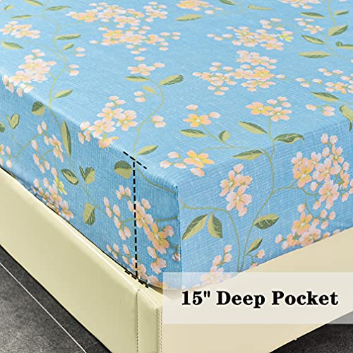 Image of JSD Blue Floral Printed King Sheet Set Extra Deep Pocket | 4 Piece Soft Botanical Microfiber Sheets, OEKO-TEX Certified, Easy Care