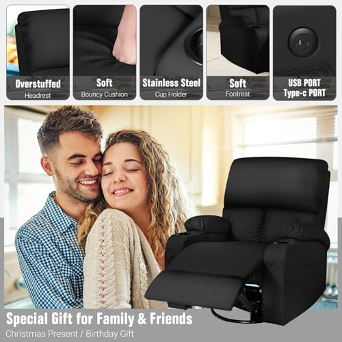 Image of LEVELEVE Rocking Recliner Chair, Massage Rocker Recliner Chair with Vibration Massage and Heat, USB and Type-C Ports,360 Swivel Faux Leather Chairs, Living Room, Bedroom, Nursery, RV, Black