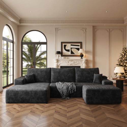 Image of Boneless Couch, Modular Sectional Couches for Living Room, U-Shaped Cloud Couch Sofa with Deep Seat, Fluffy Corduroy Upholstered Corner Sofa