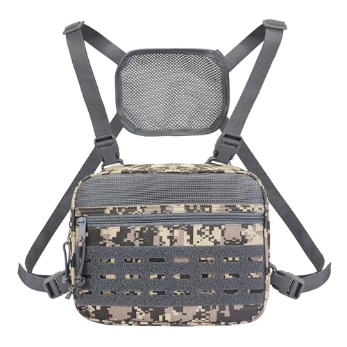 Bolsa de peito para homens, bolsa tática Molle peitoral micro bolsa para corrida, caça, pesca com mosca, camuflagem, cinza